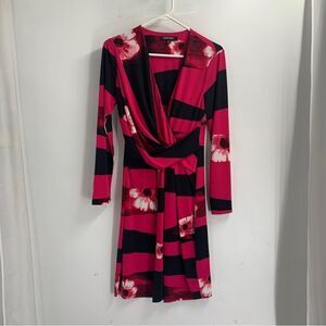 Ellen Tracy PinkWhite Black Floral Print Faux Wrap Jersey Knit 3/4 Sleeve Dress